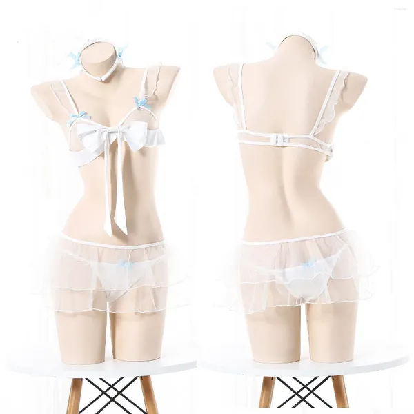 Roupa de banho feminina doce sheer mini tanque arco vestido malha transparente biquíni sexy oco para fora empregada elegante rendas até gravata maiô