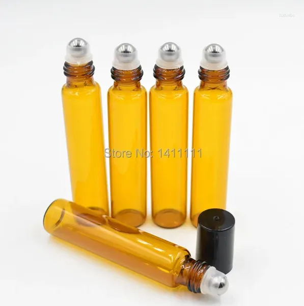 Aufbewahrungsflaschen, 10 ml, bernsteinfarben, braun, schwarze Kappe, Düfte, Rolle auf Glasflasche, ätherisches Öl, Metallrollerball, 600 Stück/Los, per DHL/EMS