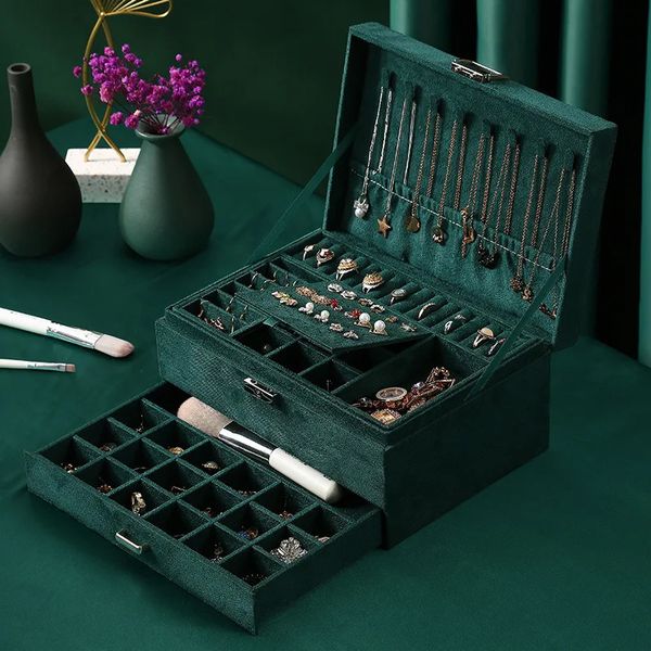 Grüne 3-lagige Flanell-Schmuck-Organizer-Box für Halsketten, Ohrringe, Ringe, Display-Halter für Damen, großes Fassungsvermögen, mit Schloss 240315