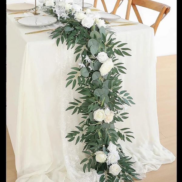 6FT18M Искусственная свадебная эвкалиптовая гирлянда, мантия-бегун с розами, центральная часть стола, декор в стиле бохо, свадебный душ, арка 240309