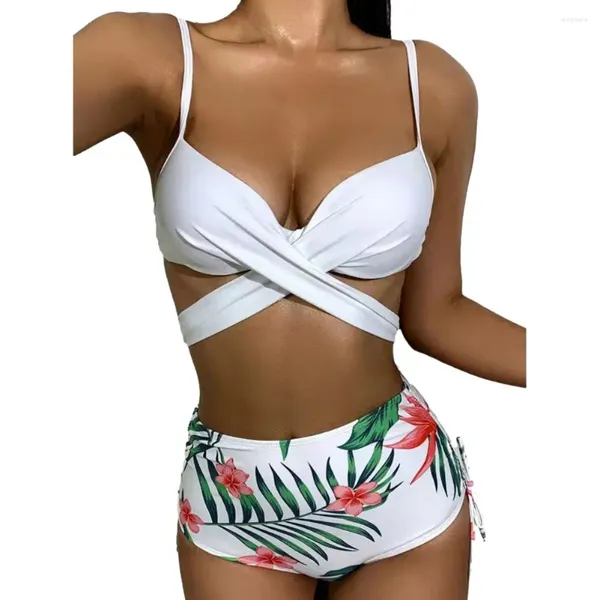 Mulheres Swimwear Built-in Breast Pads Swimsuit Mulheres Três Peças Floral Imprimir Bikini Set com Cintura Alta Briefs Cruz para Praia A