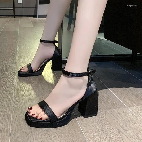 Scarpe eleganti nere spesse con cinturino alla caviglia moda sandali casual da donna punta aperta estate tacco alto fibbia lavoro d'ufficio da donna 35-42