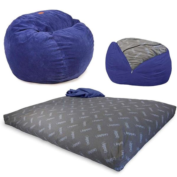 Cadeira Cordaroy Chenille Bean Bag, conversível dobrável de Bean Bag para Lounge Chair, como visto no Shark Tank, azul marinho - tamanho real