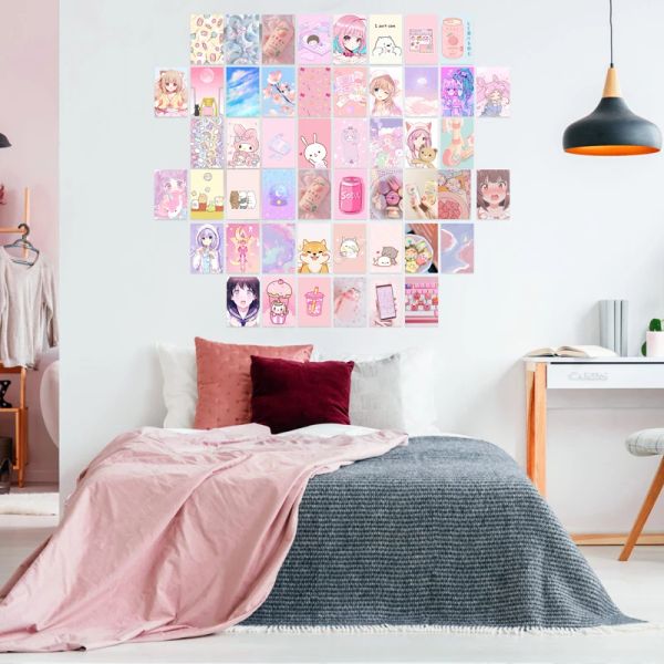 Aufkleber, 50 Stück, Kawaii Anime Manga Poster, ästhetisches Wand-Collage-Set, niedlicher rosa Druck, Bildkarte, süße warme Farbe, Wohnheim, Schlafzimmer, Dekor, Mädchen
