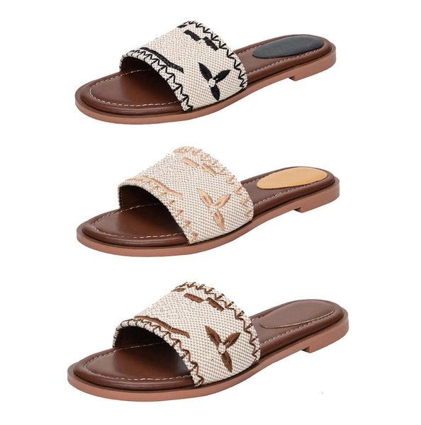 Designer sandálias planas chinelas de luxo bordado feminino sandal flop letra chinela de letra para mulheres slide de praia de verão ladries de salto baixo sapatos de moda 352266