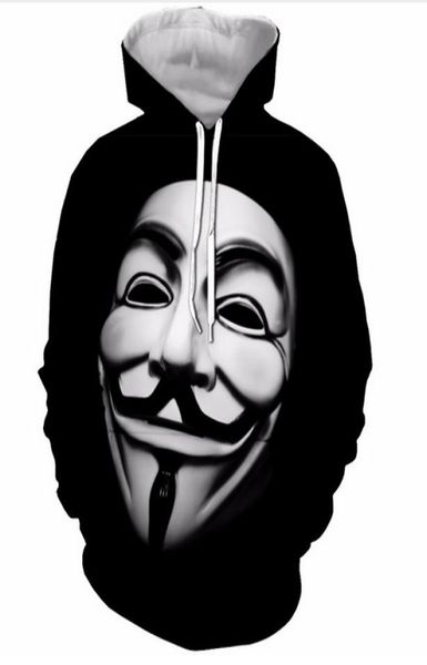 Neue Mode Paare Männer Frauen Unisex HD Vendetta Maske Hacker Lustige 3D Druck Hoodies Sweatshirt Jacke Pullover Tops RW0309356281