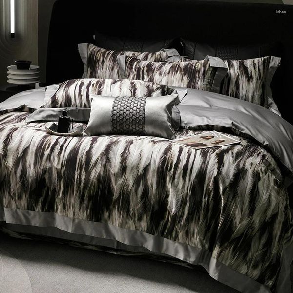 Conjuntos de cama moda pena leopardo impressão 1000tc algodão egípcio conjunto luxo 200x23 0cm/220x240cm capa edredão folha fronha