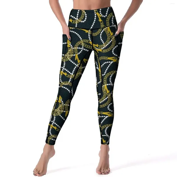 Leggings femininas correntes de ouro calças de yoga sexy moderno pérolas impressão design cintura alta fitness leggins senhora respirável estiramento esporte legging