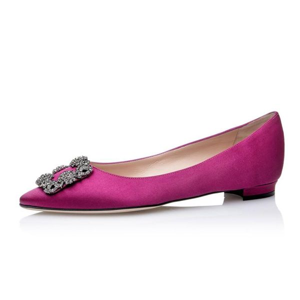 Sommer-Walk-Kleiderschuh, Damen-Sandalen, trendige Ballett-BALLERIMU-Flats, dunkles Fuchsia-Grau, Satin, Juwelenschnalle, verziert, klassische Ballerinas mit spitzer Zehenpartie, Tanzschuhe, Box