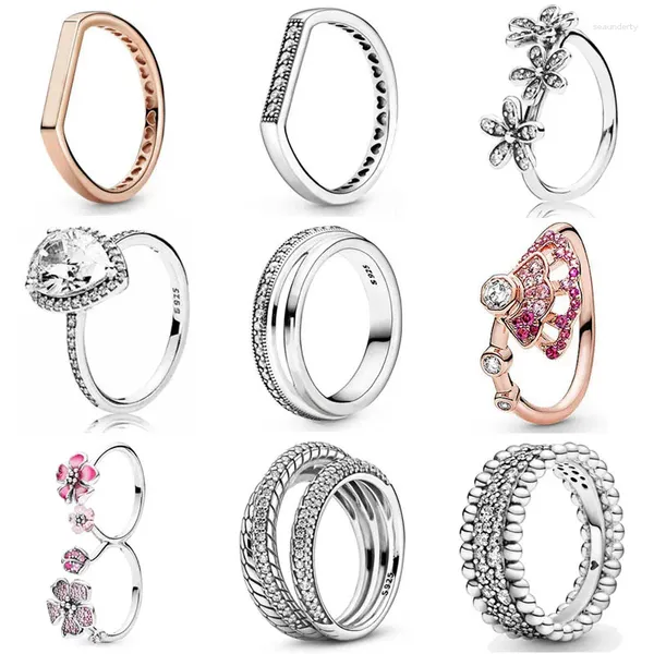 Cluster-Ringe aus 925er-Sterlingsilber, stapelbar, charakteristisch, dreifach perlenbesetztes Pavé-Band, strahlender Tropfen-Rosa-Fächer für Damen, Modeschmuck