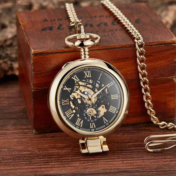 Relógios de bolso novos homens de aço inoxidável moda casual bolso esqueleto dial prata mão vento mecânico masculino fob corrente es l240322