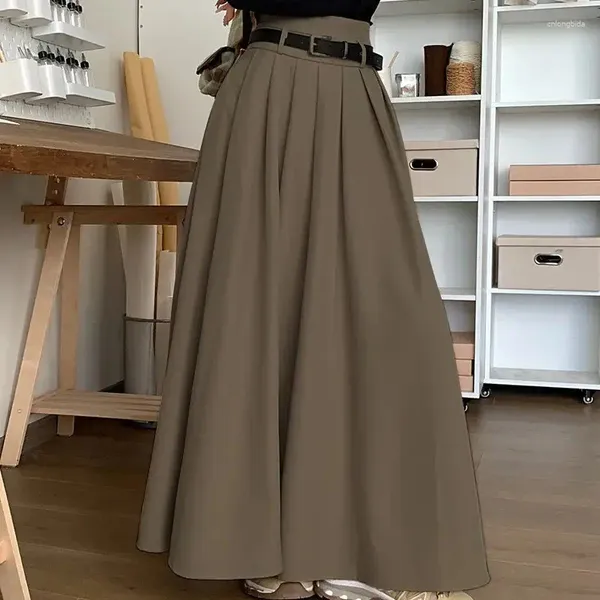 Saias Hsa Vintage Cor Sólida Cintura Alta Halfskirt Mulheres Outono / Inverno Solto Balanço Saia Plissada A Linha Longa Saia