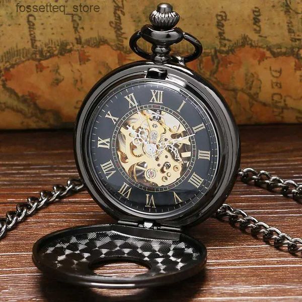 Pocket Uhren Retro Luxus Black Metal Mechanical Pocket Steam Punk ES Pin Kette Herren Anhänger Uhr Geschenk mit Geschenktüte L240322