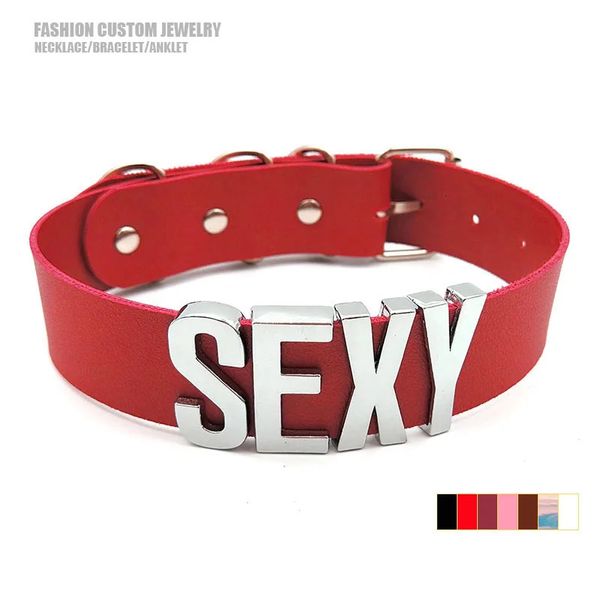 Grande grande letra sexy nome personalizado colares para mulheres homens personalizado vermelho pu couro gargantilha colar clube festa cosplay jóias 240315