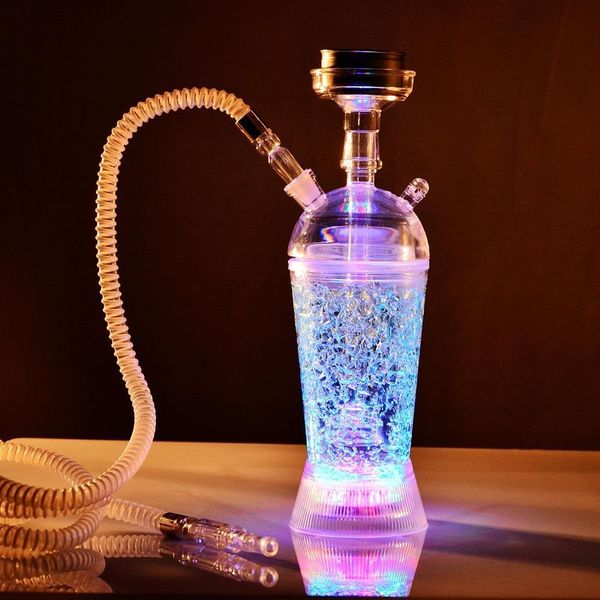 Árabe narguilé shisha acrílico narguilé copo estilo cola com led com caixa de luz carbono isolado barra acrílica fumar pote e tubo conjunto