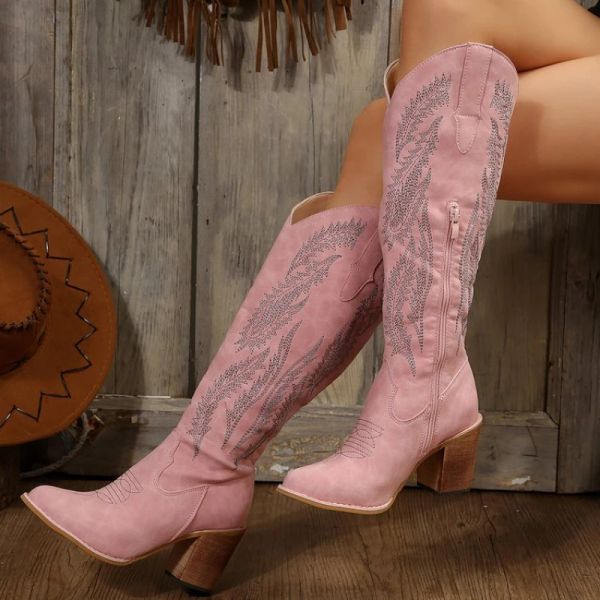 Stivali pungini cowgirl stivali da donna donna fashion rosa tallone grosso più tacchi alti con cerniera con cerniera antismissiva botas plataforma mujer