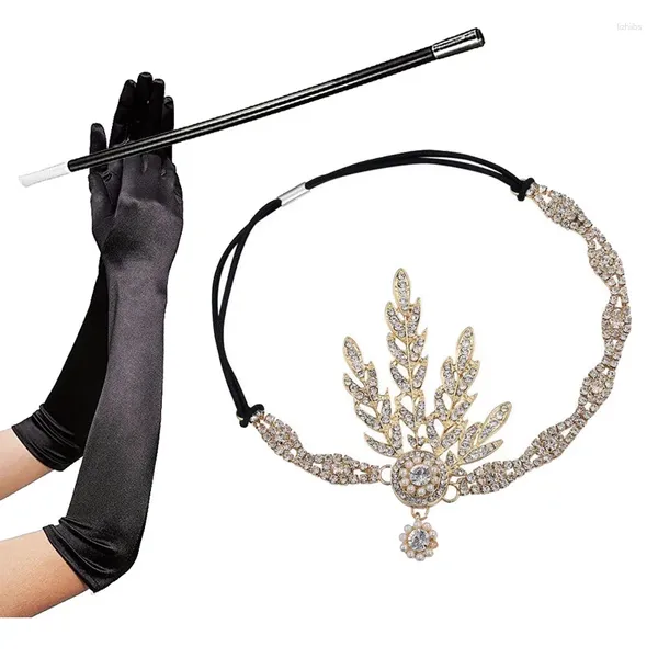 Partyzubehör, 1920er-Jahre-Flapper-Zubehör-Set für Great Gatsby, Blatt-Medaillon, Perlen-Stirnband, schwarze Handschuhe, Zigarettenspitze, 3-teiliges Kostüm