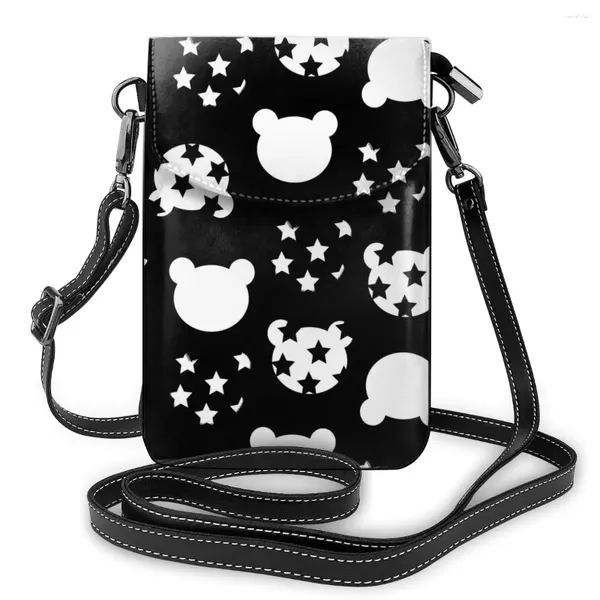 Bolsa de ombro feminina de couro, mini bolsa crossbody com estampa de urso fofo, bolsa de telefone fashion para meninas, bolsas mensageiro