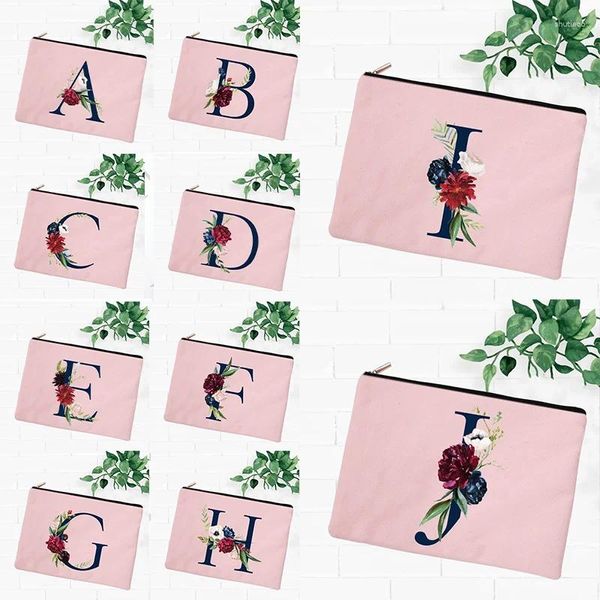 Kozmetik çantalar 26 baş harfleri çiçek pembe çanta mektup makyaj kadınları seyahat nedime hediye bayanlar taşınabilir çanta güzellik