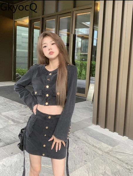 Arbeitskleider GkyocQ Koreanische Mode Frauen Zweiteilige Sets Retro Denim O Hals Langarm Kurze Jacke Hohe Taille Schlank Minirock Sexy Mädchen