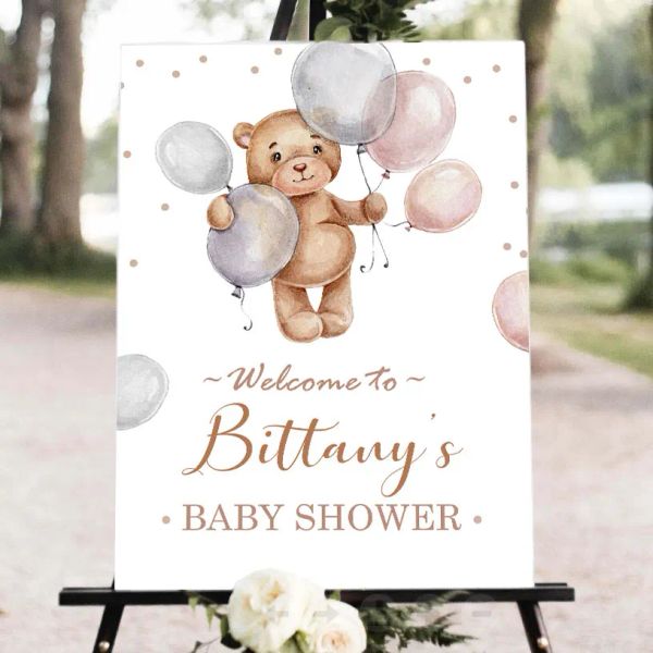 Calligrafia Teddy Bear Baby Shower Segno di benvenuto Dipinto su tela Orso a tema Immagine artistica da parete Poster e stampe nordici Decorazioni per la camera dei bambini