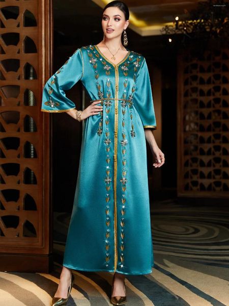 Etnik Giyim Tarzı Mavi V-Gutt Robe Orta Doğu Ziyafet Elbise Lüks Elmaslar Nakış Uzun Kollu Dubai Arap Parti Gece Elbise