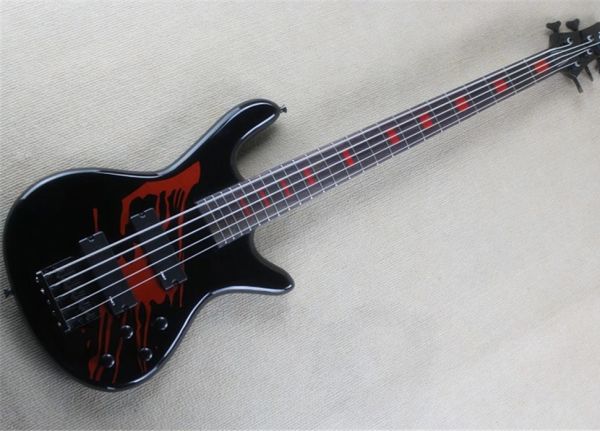 Gitarre Shandong Factory Schwarz 5 Saiten E-Bass Rote Blockeinlagen Kostenloser Versand