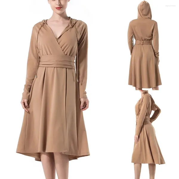 Casual Kleider Elegante Maxi Für Frauen 2024 Mode Langarm Mit Kapuze Slim Fitting Vintage Solide Knielangen Kleid Vestidos Cortos