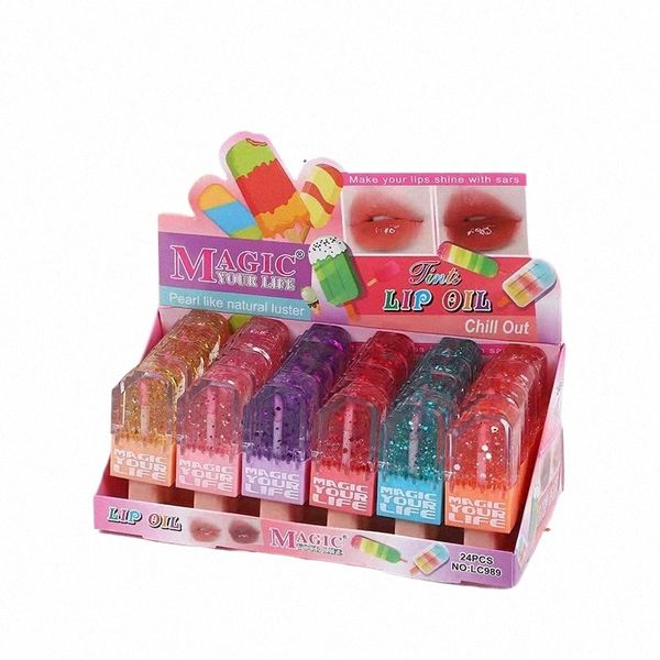 24pcs 6 cores lantejoulas brilhantes conjunto de óleo labial brilhante sorvete mudança de cor hidratante brilho labial kawaii lábios maquiagem atacado m7oo #