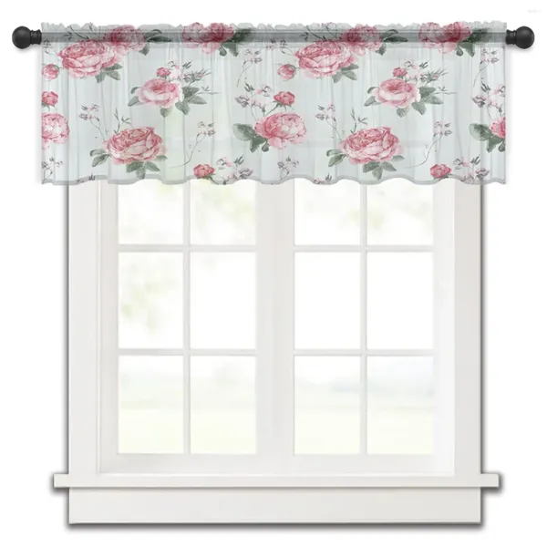 Vorhang, Blumen-Aquarell-Rosa, kurze transparente Fenster-Tüllvorhänge für Küche, Schlafzimmer, Heimdekoration, kleine Voile-Vorhänge