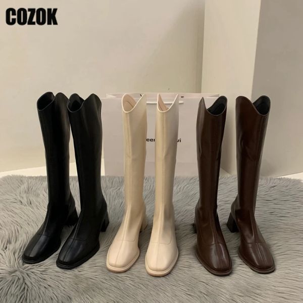 Boots Square Toe Damen Oberschenkel hohe Stiefel 2023 Neue Herbst Winter Knie High Stiefel weibliche Kleider Chic Dicke Heels Ladies Pumps Schuhe Party