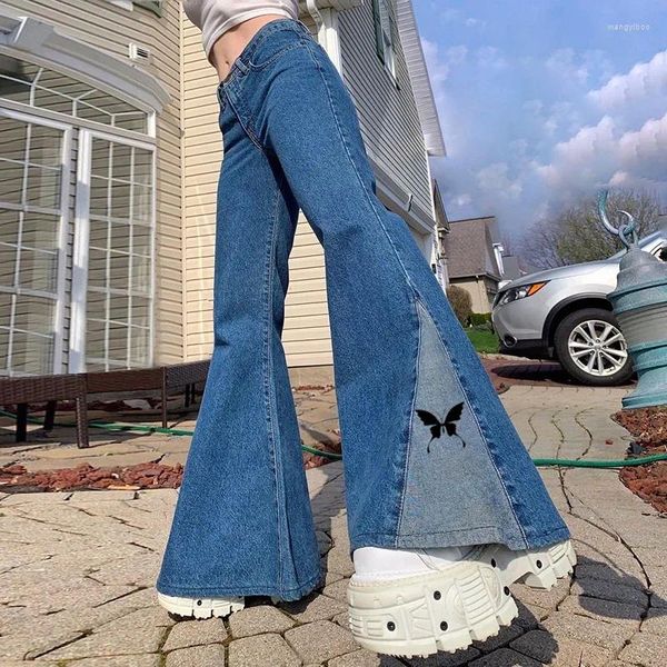 Kadınlar Kot Patchwork Kelebek Baskı Denim Sweetpants Vintage Siber Y2K Baggy Flare 90s Harajuku Pantolon Jogger Street Giyim