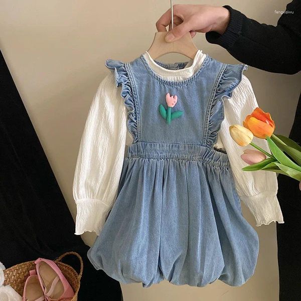 Платья для девочек, милое платье-майка, весенняя однотонная рубашка 2024 года, маленький 3D-цветок Auricleria Edge Bud