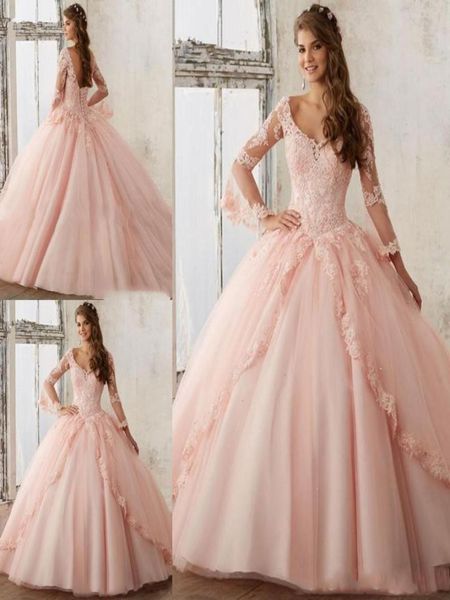 Abiti eleganti da ballo a maniche lunghe rosa baby 2019 Abiti da ballo principessa gonfi Abiti Quinceanera Abito dolce 16 Abito con scollo a V Applicazioni di pizzo8198039