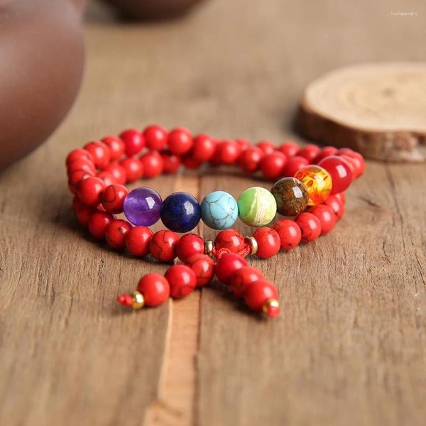 Strand oaiite 6mm natural vermelho turquesa multi-camada pulseira 7 chakras yoga meditação energia pedra para homens