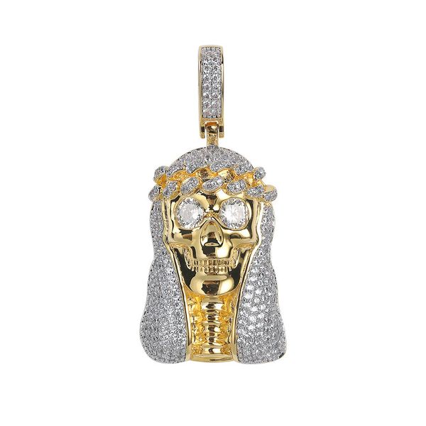 Colar com pingente de caveira dourada, hip hop, banhado a ouro 18k, topbling, zircão completo, joia masculina legal de rap