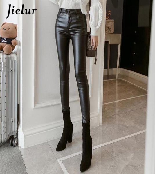 Jielur New PU Faux Leather Leggings Mulheres Skinny Prata Vermelho Preto Calças Femininas Senhora S3XL ThinFleece Lápis Leggins Mujer Y2001073422061