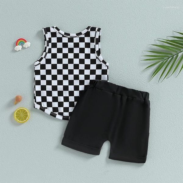 Kleidungssets Kleinkind Baby Junge Sommerkleidung Ärmellose Schachbrettweste Einfarbige Shorts Lässige 2-teilige Outfits