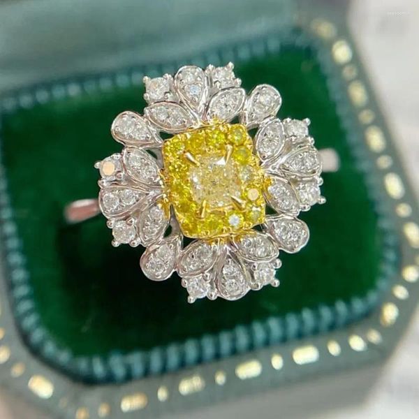 Anéis de cluster elegante amarelo cristal citrino pedras preciosas flores para mulheres 14k branco ouro cheio de prata 925 jóias finas bijoux moda
