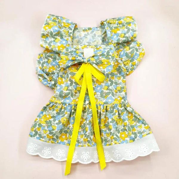 Trajes de gato Flor Imprimir Pet Dress Princesa Estilo Conjunto com Mangas Saia Combinando Headdress Adorável Verão para Gatos