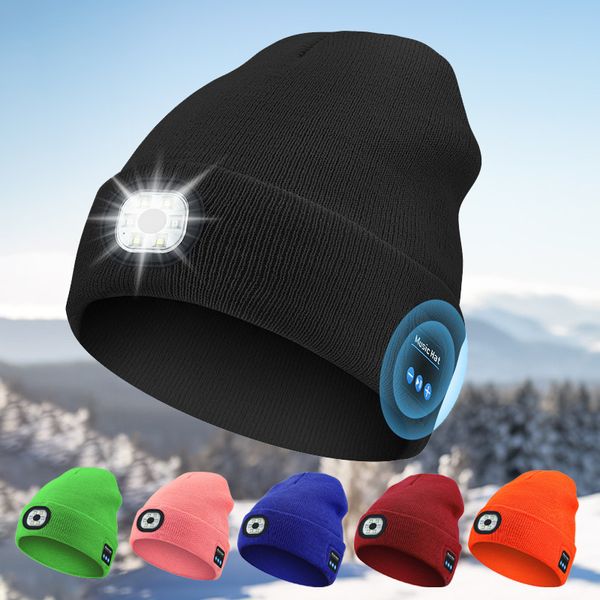 Auricolare Bluetooth senza fili di vendita calda all'estero Cappello con luce a LED Illuminazione calda esterna Cappello lavorato a maglia Spina audio portatile