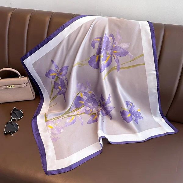 Sciarpe di lusso viola stampa floreale sciarpa quadrata di seta donna morbida fascia per capelli fascia per mani nastri Foulard fazzoletto da collo Hijab in raso