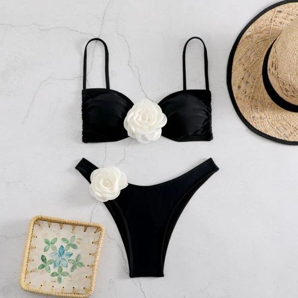 Damen-Bademode, Blumen-Hosenträger-Badeanzug, sexy Röhrenoberteil, stilvolles 3D-Bikini-Set mit hoher Taille für Frauen, schnell am Strand