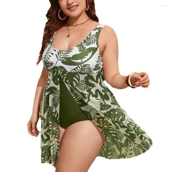 Roupa de banho feminina controle barriga maiô elegante plus size planta impressão maiôs de uma peça para mulher u-pescoço monokini plissado hem