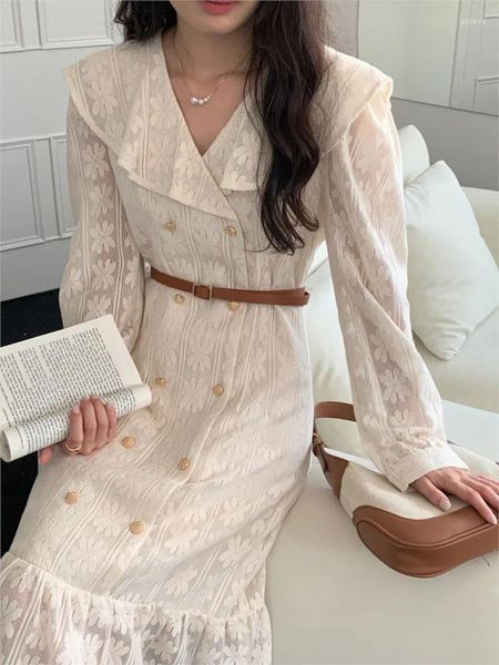 Casual Kleider Vintage Französisch Temperament Große Revers Weibliche Fee Kleid Spitze Haken Blume Zweireiher Vestidos 2024 Korea Chic OL