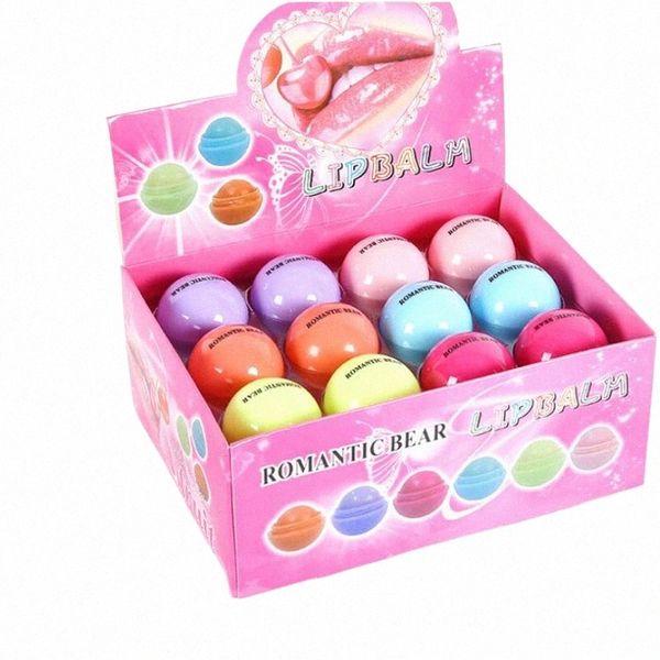 24 teile/schachtel Großhandel Lippenbalsam Fruchtgeschmack Lipgloss Groß Nette Runde Ball Anlage Kinder Baby Mädchen Lippen Pflege Feuchtigkeitsspendende j7Va #