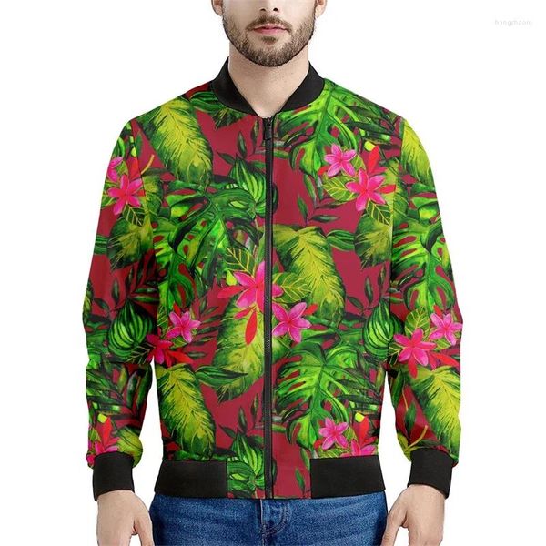 Giacche da uomo Giacca con cerniera fiore hawaiano per uomo Stampa 3d Piante tropicali Modello Bomber Felpe Top Cappotti oversize a maniche lunghe