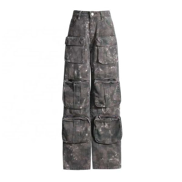 Oulaiyadi 2023 Jeans Street Vendita calda Vintage Pocket Gamba larga Jean Camouflage Pantaloni larghi Camo Donna Cargo