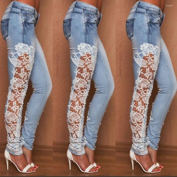 Женские джинсы со средней талией, эластичные расклешенные кружевные аппликации, модные женские брюки-карандаш с цветочным принтом