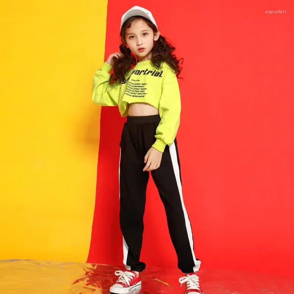 Set di abbigliamento Costumi da ballo per bambini per ragazze Top corti a maniche lunghe jazz Pantaloni Abiti hip-hop per adolescenti Abbigliamento per spettacoli di strada per bambini